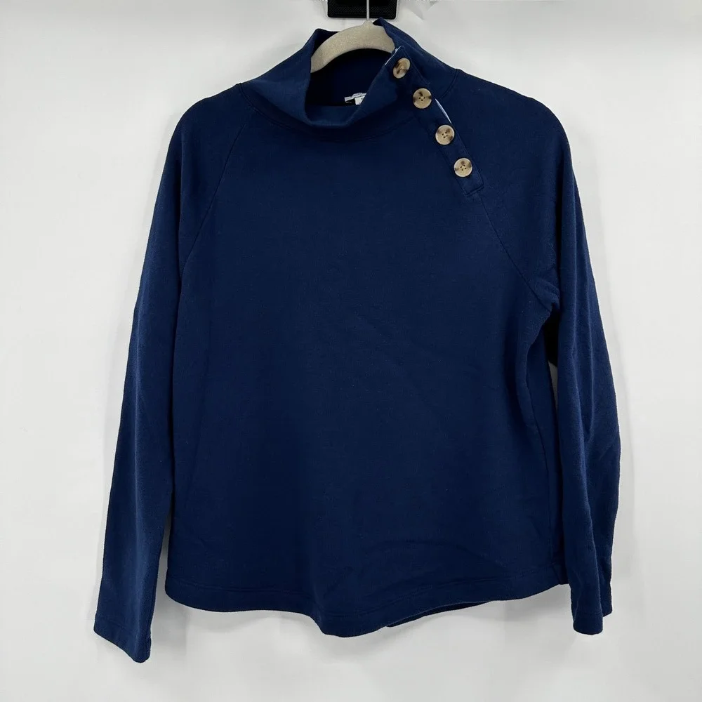 J.Crew Womens Navy Blue Funnel Neck Button Shoulder Sweatshirt Size S Small